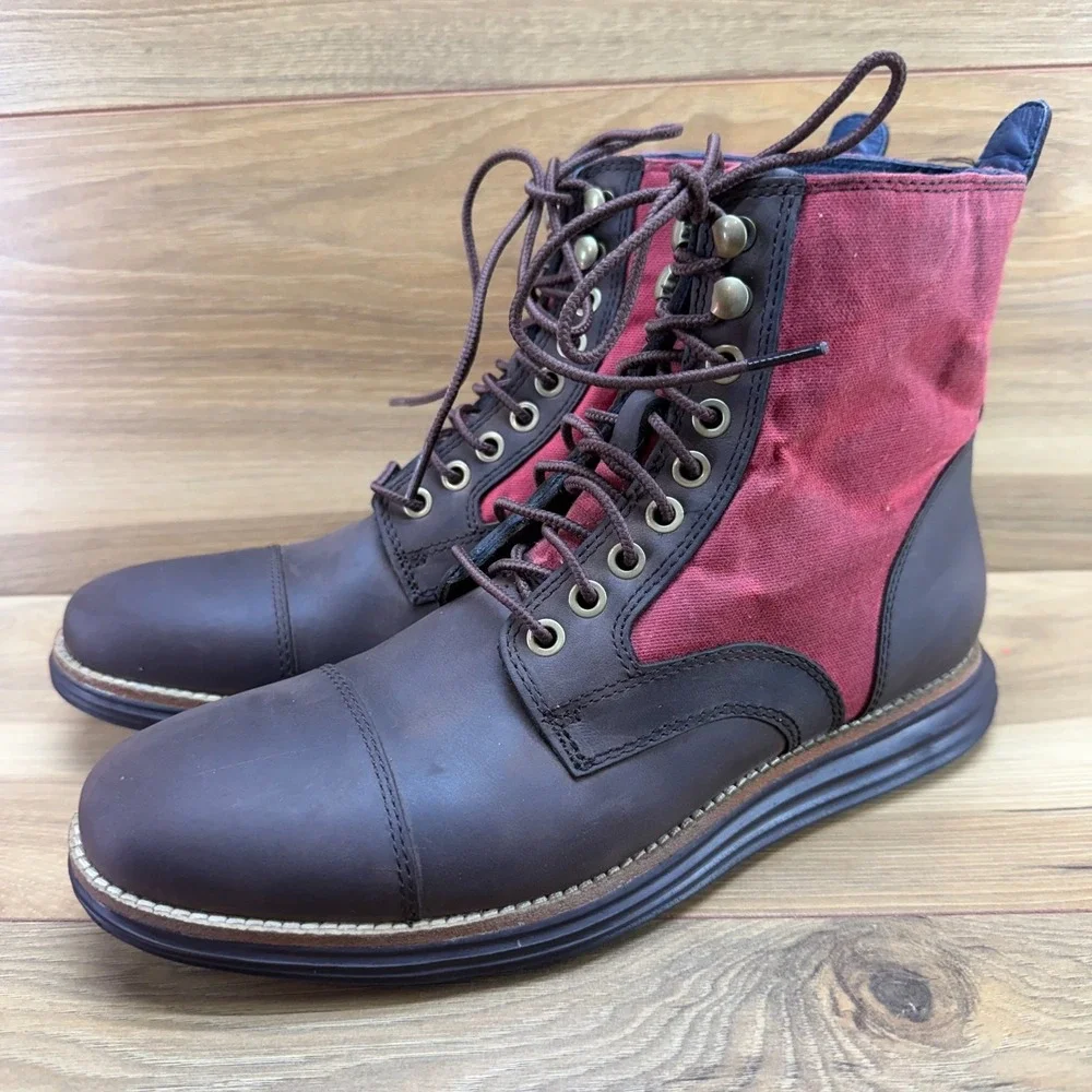 Cole Haan Original Grand Cap Toe Boots Mens 8 Brown Leather Red Canvas Casual